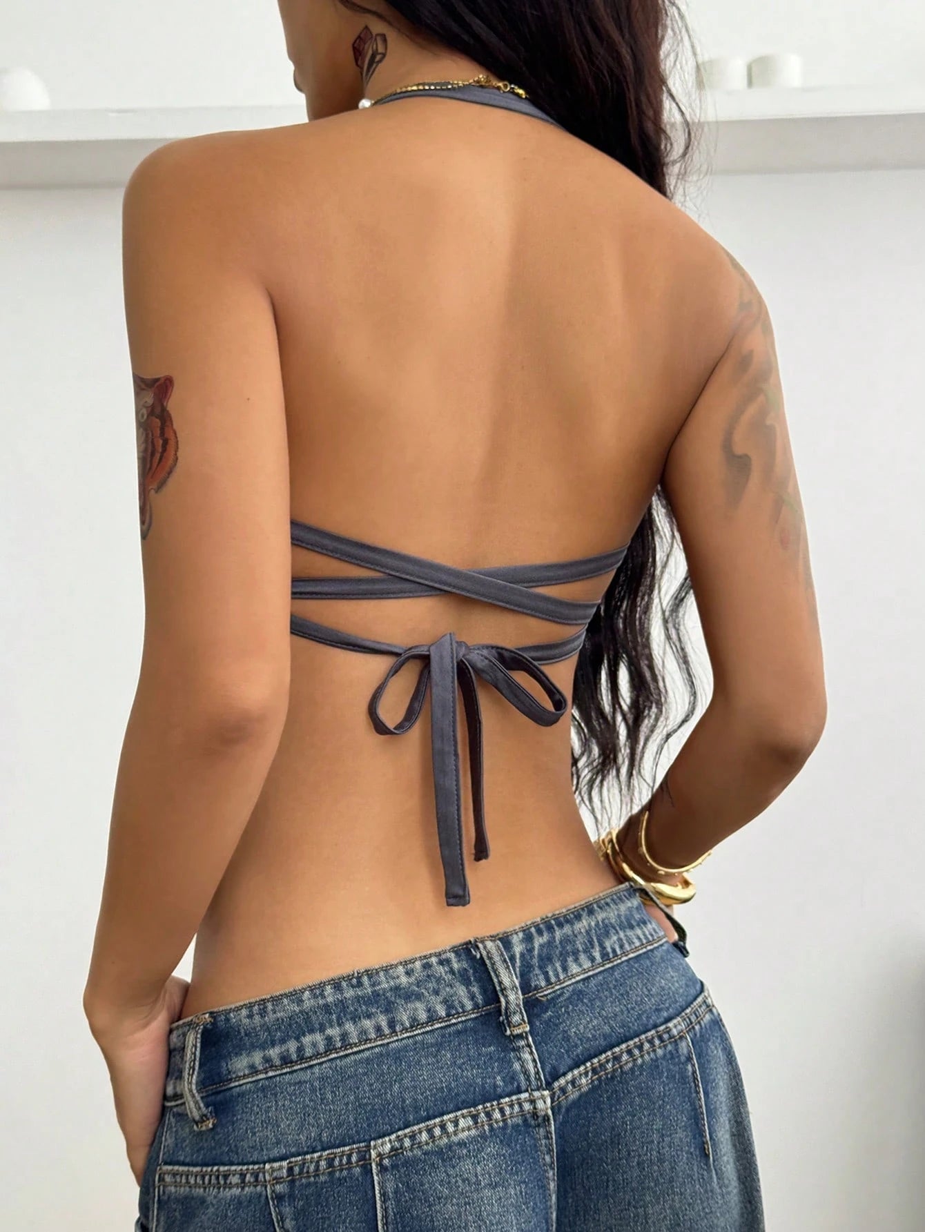 Coolane Women'S Summer Y2K Vintage Club Hot Girl Sexy Grommet Eyelet Stretchy Halter Backless Grey Halter Top