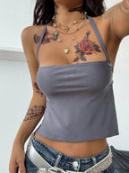 Coolane Women'S Summer Y2K Vintage Club Hot Girl Sexy Grommet Eyelet Stretchy Halter Backless Grey Halter Top