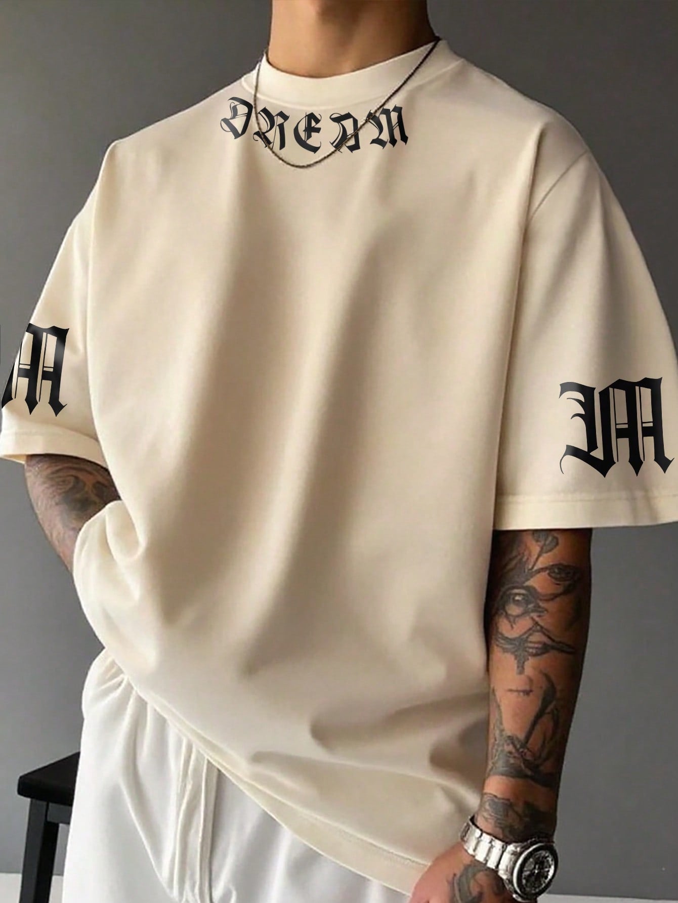 Manfinity EMRG Men'S Drop Shoulder round Neck Short Sleeve Casual Letter Print T-Shirt, Summer