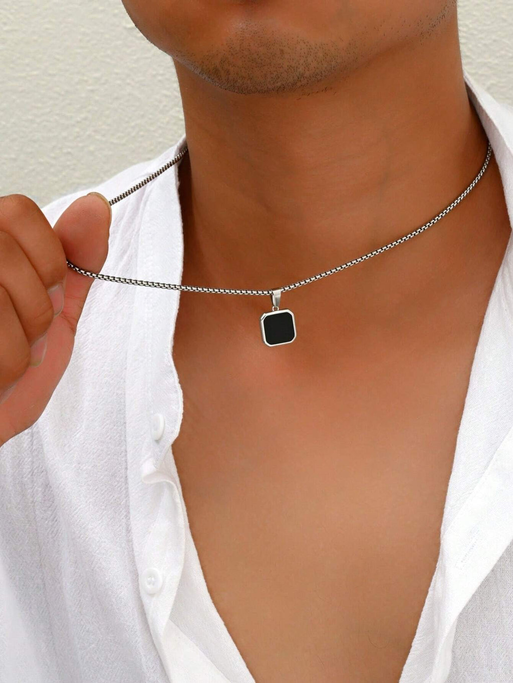 1Pc Simple Punk Black Painted Pendant Necklace with Stainless Steel Chain, Daily and Business Accessory for Men