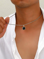 1Pc Simple Punk Black Painted Pendant Necklace with Stainless Steel Chain, Daily and Business Accessory for Men