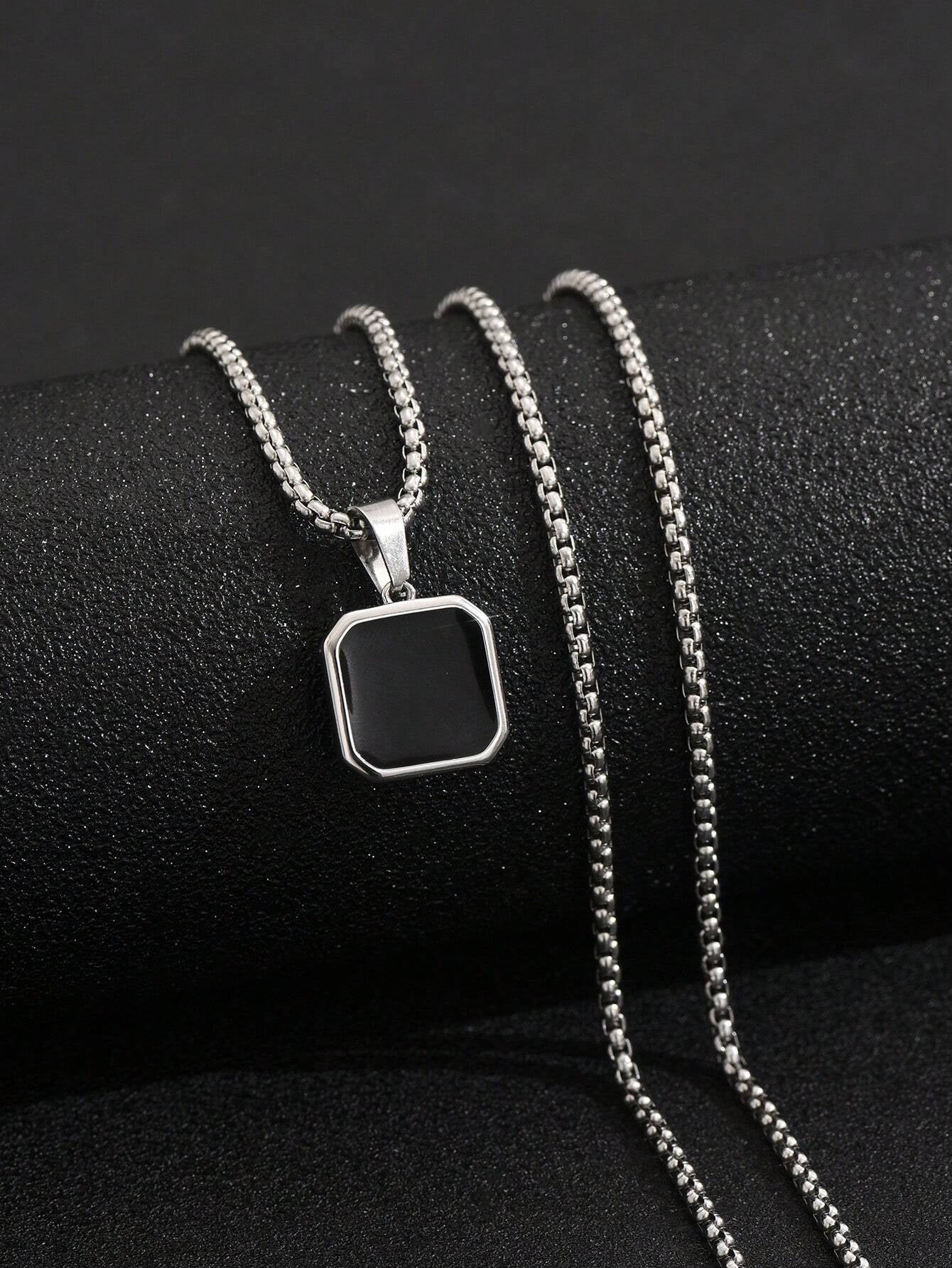 1Pc Simple Punk Black Painted Pendant Necklace with Stainless Steel Chain, Daily and Business Accessory for Men