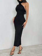 PETITE Solid Halter Neck Backless Bodycon Dress