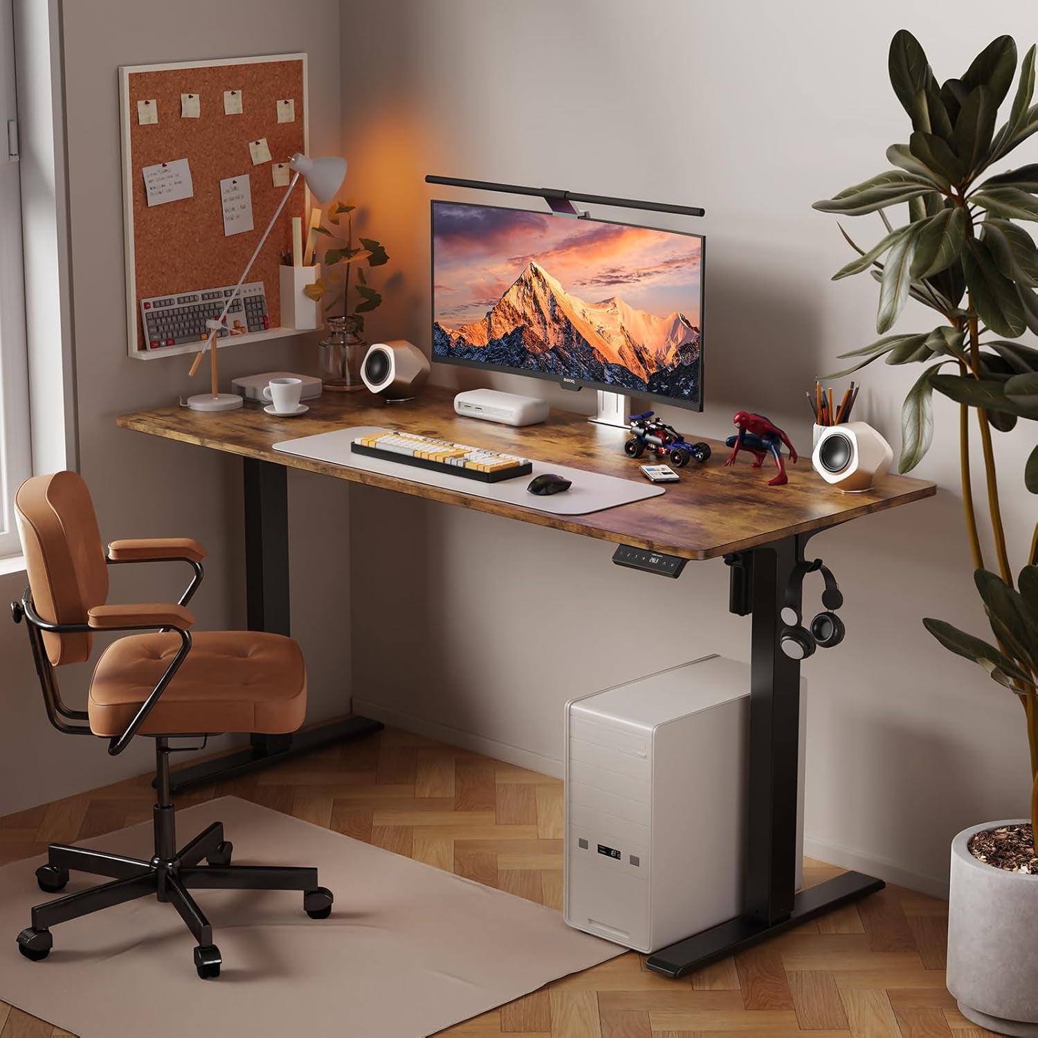 48X24 Inches Height Adjustable Electric Standing Desk with 2 Hooks for Home Office, Ergonomic Sit Stand up Desk with Splice Board, Rustic Brown