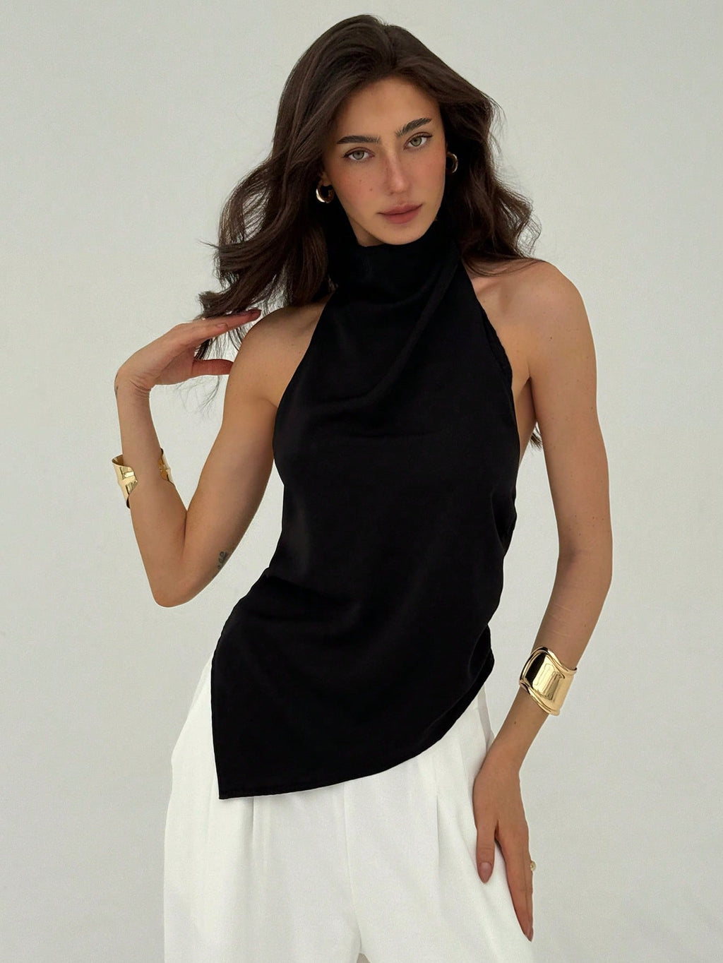 Aloruh Women'S Solid Color Asymmetrical Hem Halter Neck Top,Rave Top