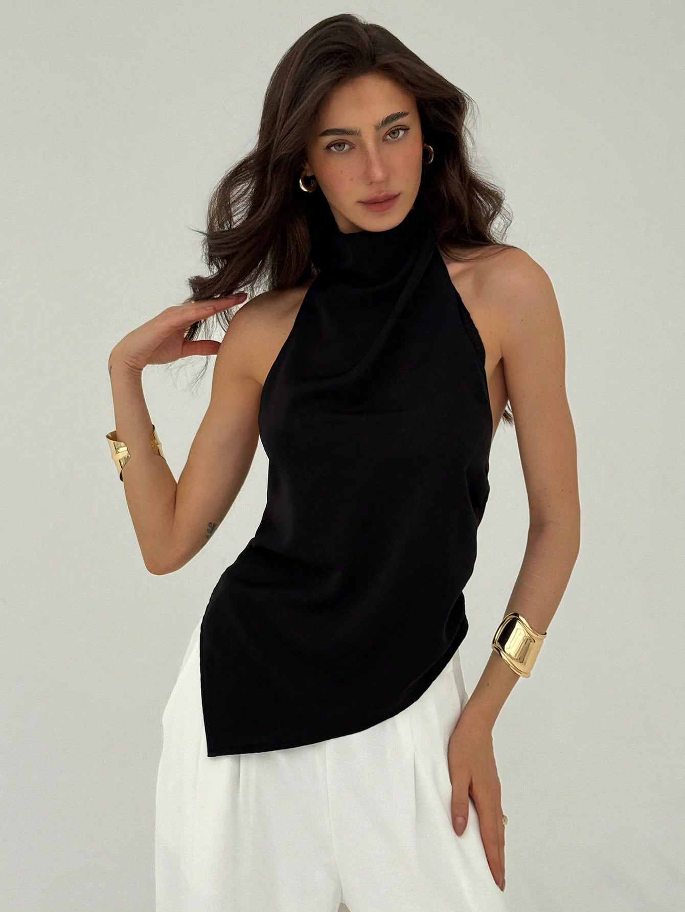 Aloruh Women'S Solid Color Asymmetrical Hem Halter Neck Top,Rave Top