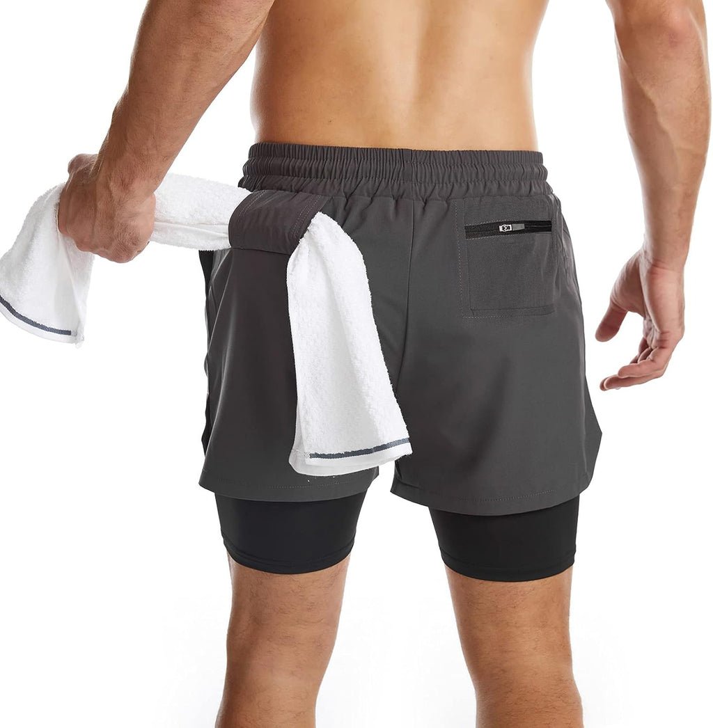 Mens 2 in 1 Running Shorts Quick Dry Athletic Shorts with Liner, Workout Shorts with Zip Pockets and Towel Loop