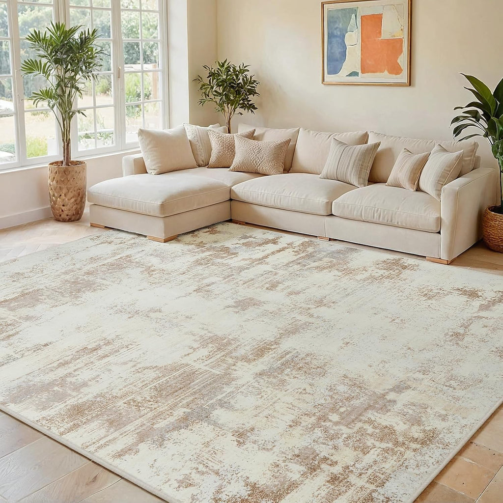 Area Rug Living Room Rugs: 5X7 Indoor Soft Fluffy Rug Abstract Carpet for Bedroom Kitchen Dining Room Floor Washable Plush Throw Large Accent Rug Home Office Nursery Decor - Beige