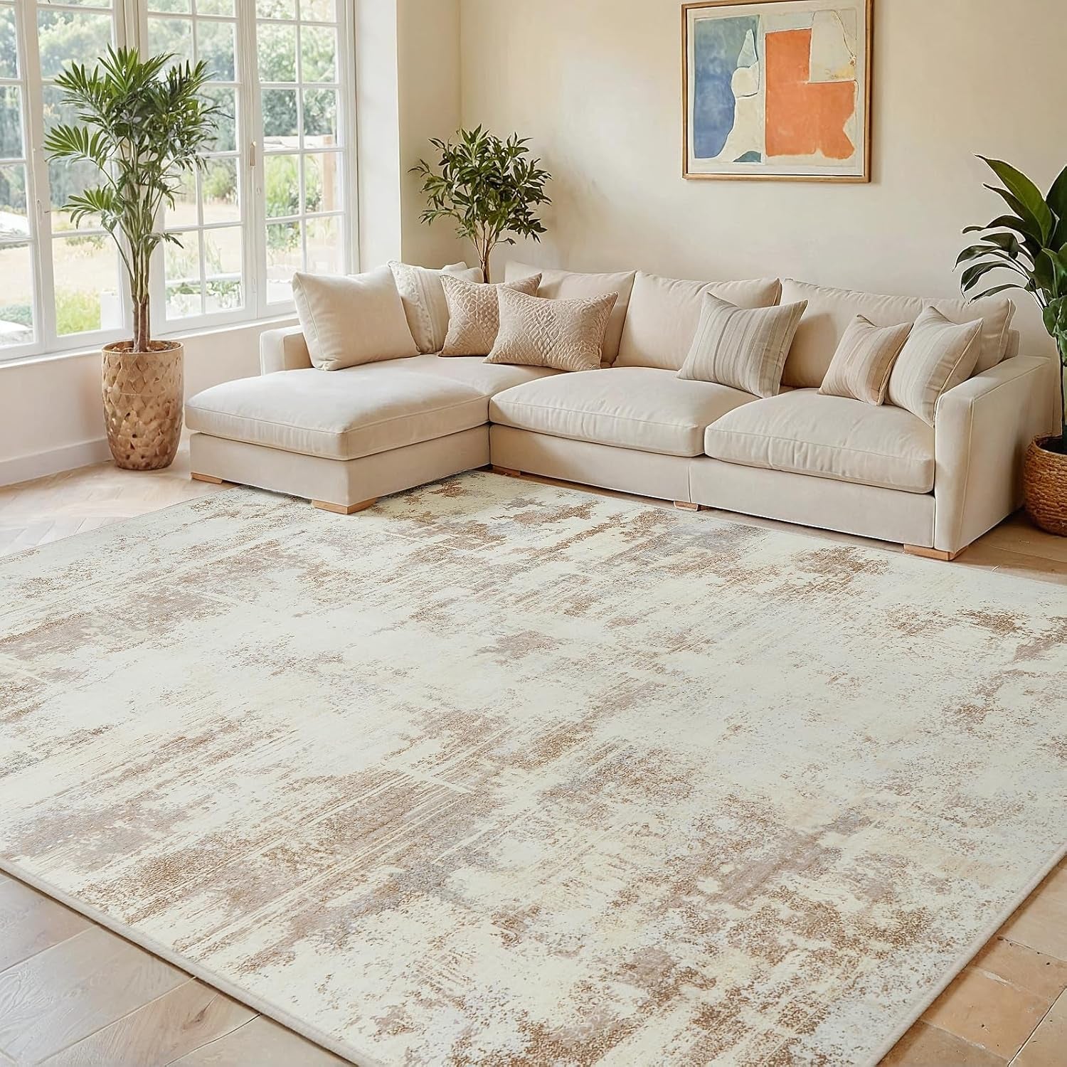 Area Rug Living Room Rugs: 5X7 Indoor Soft Fluffy Rug Abstract Carpet for Bedroom Kitchen Dining Room Floor Washable Plush Throw Large Accent Rug Home Office Nursery Decor - Beige