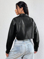 Ezwear 1Pc Flap Detail Drop Shoulder Crop PU Leather Jacket,Ladies Late Fall Casual Button Drop Shoulder Collar Regular Fit Black Plain Women Jackets,Outdoor Activities