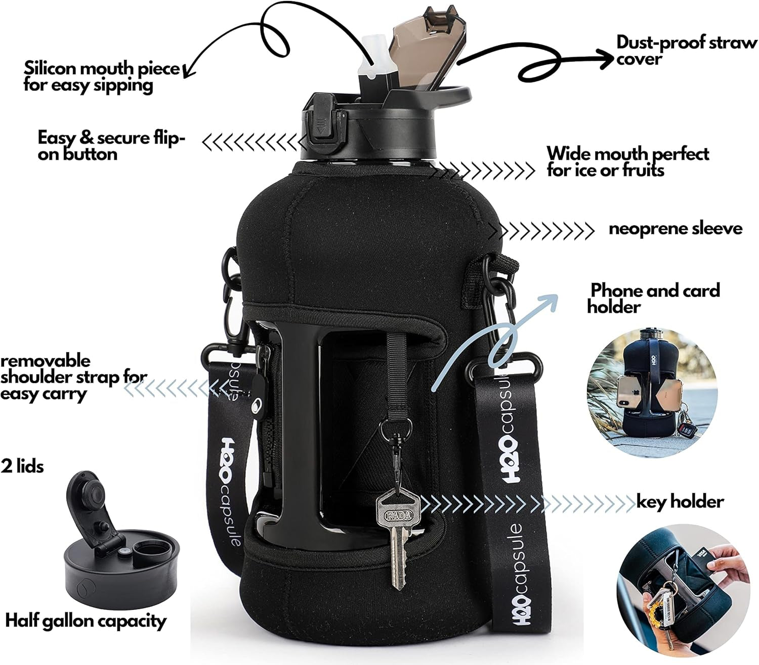 2.2L Half Gallon Water Bottle with Storage Sleeve and Covered Straw Lid – BPA Free Large Reusable Drink Container with Handle - Big Sports Jug, 2.2 Liter (74 Ounce)