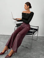 Siren Gaze Women'S Burgundy Red Leather Women Pants Plain Front-Button Minimalist Casual Pants, Daily Wear, Women Bottoms