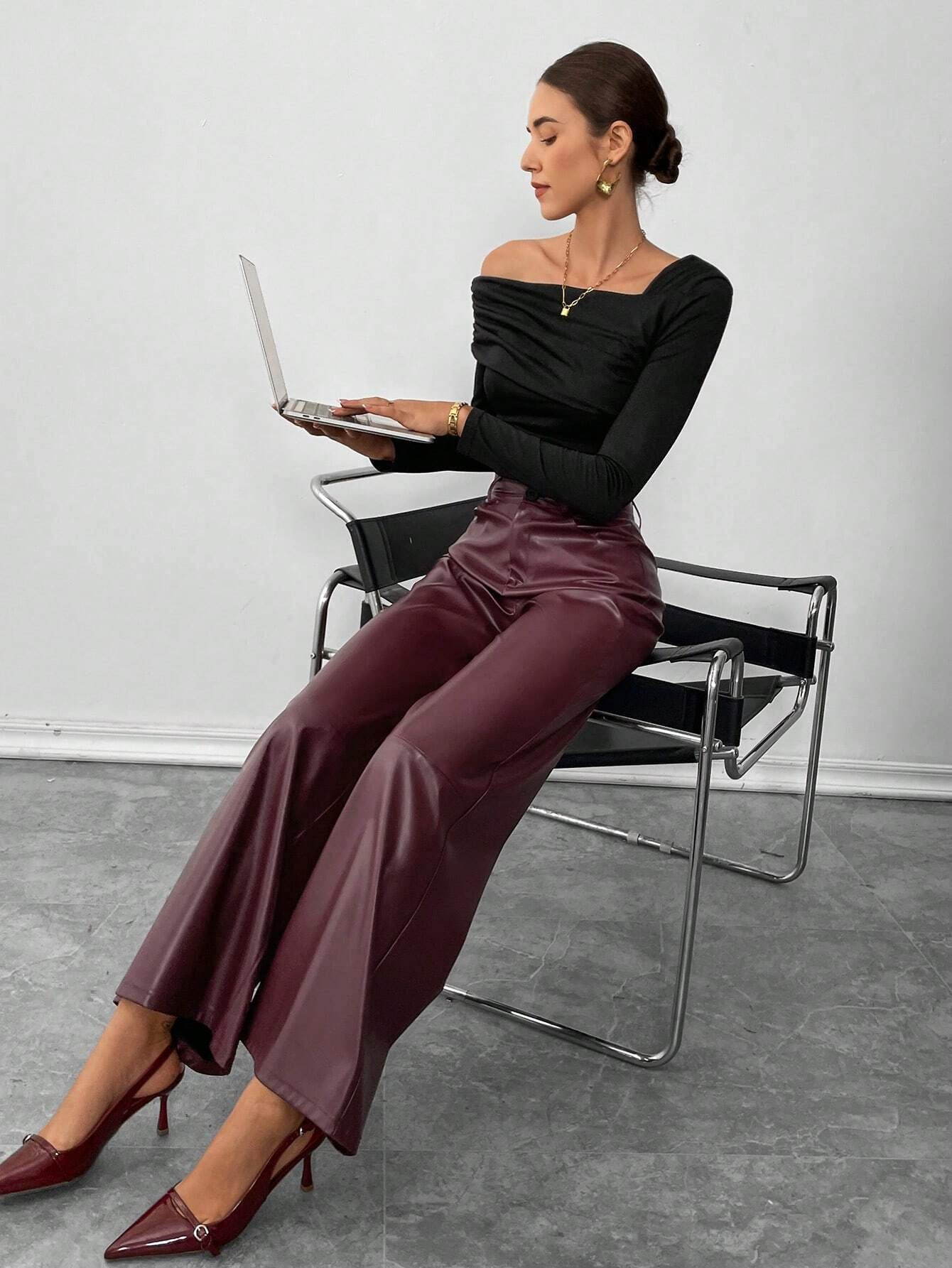 Siren Gaze Women'S Burgundy Red Leather Women Pants Plain Front-Button Minimalist Casual Pants, Daily Wear, Women Bottoms