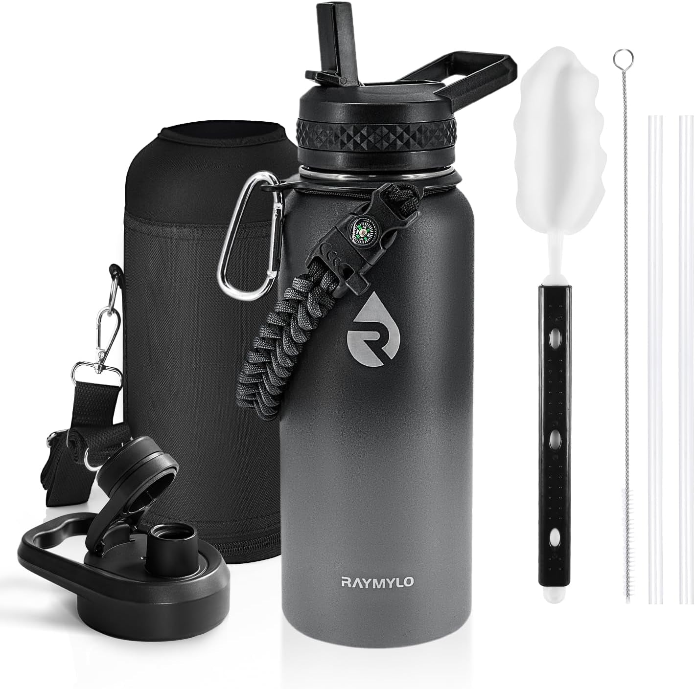 Insulated Water Bottle 32 Oz, Triple Wall Vacuum Stainless Steel (Cold for 48 Hrs), Leak Proof & Non-Bpa, Modern Water Flask Jug with Paracord Handle & Straw Spout Lids, Dark Grey