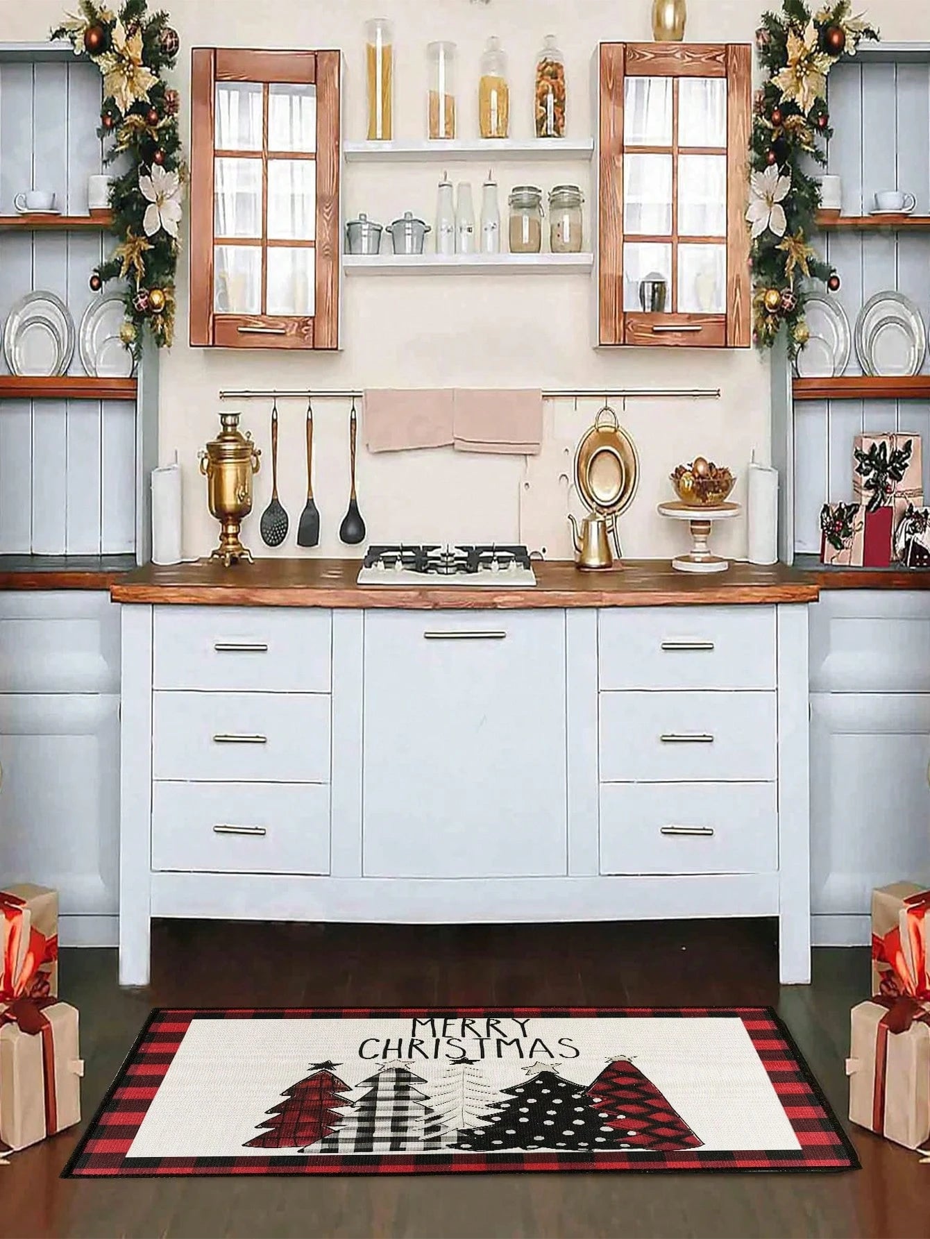 Christmas Kitchen Mat, Merry Christmas Elk Winter Snowflake Red Buffalo Check Plaid Non Slip Thick Kitchen Rugs and Mats for Floor Comfort Standing Mats for Kitchen, Sink, Office, Laundry, Christmas Decor Home Decor 2024 Happy New Year 2025 Gifts,Christmas