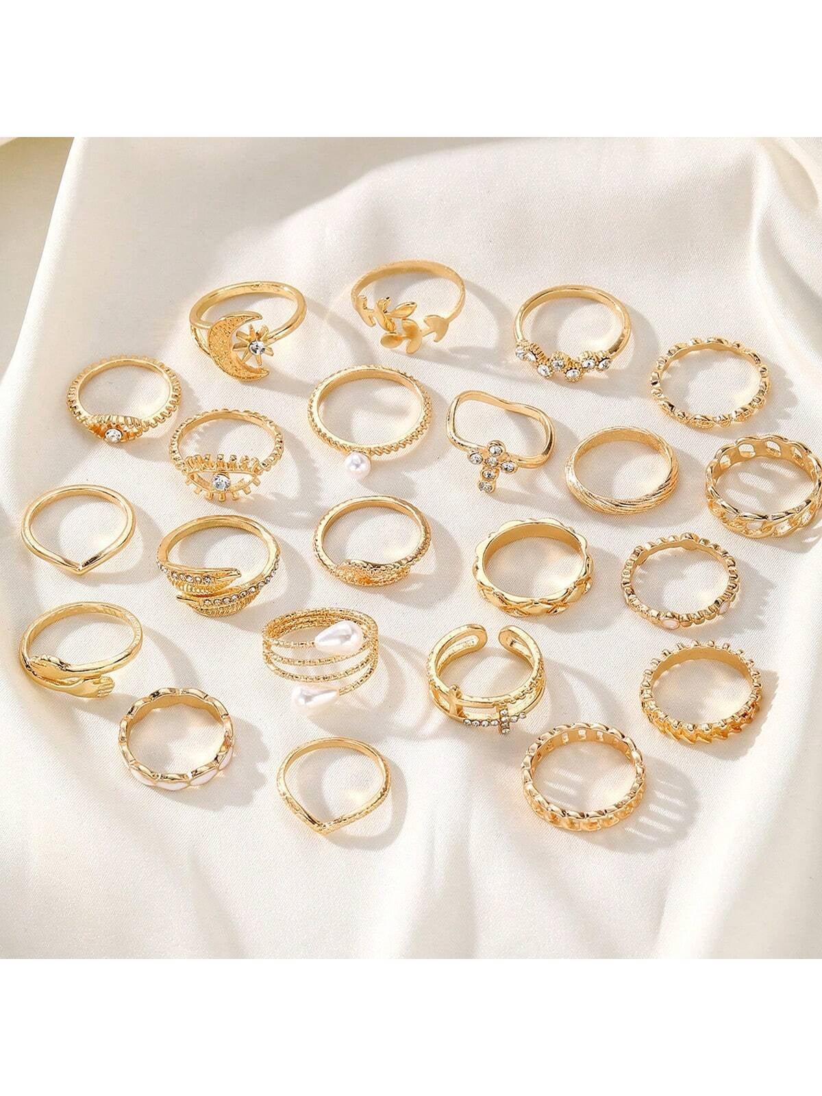 23Pcs Luxury Eye, Faux Pearl, Multi-Element Ring Set with Rhinestone Decoration, for Women Daily Wear