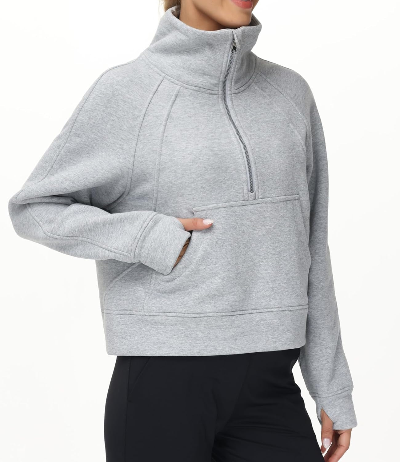 Womens' Half Zip Pullover Fleece Stand Collar Crop Sweatshirt with Pockets Thumb Hole
