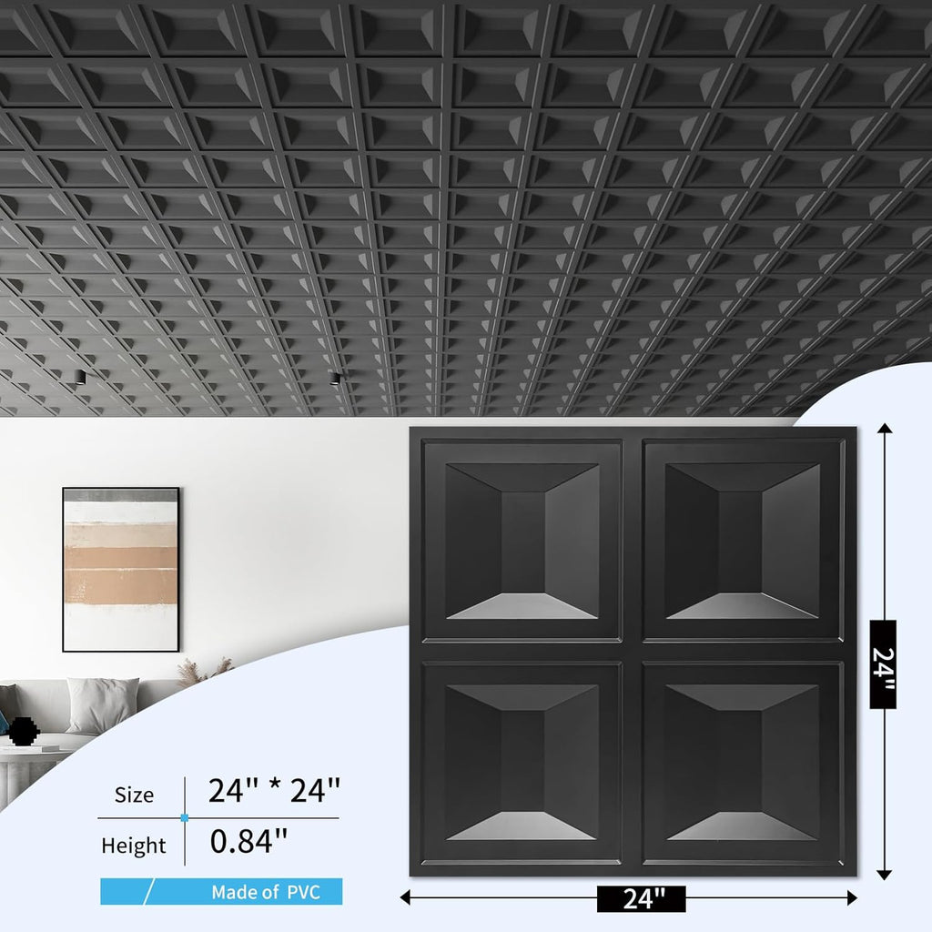 Drop Ceiling Tiles 24X24, 12 Sheets PVC Decorative Glue up Ceilng Panels 2X2, Black