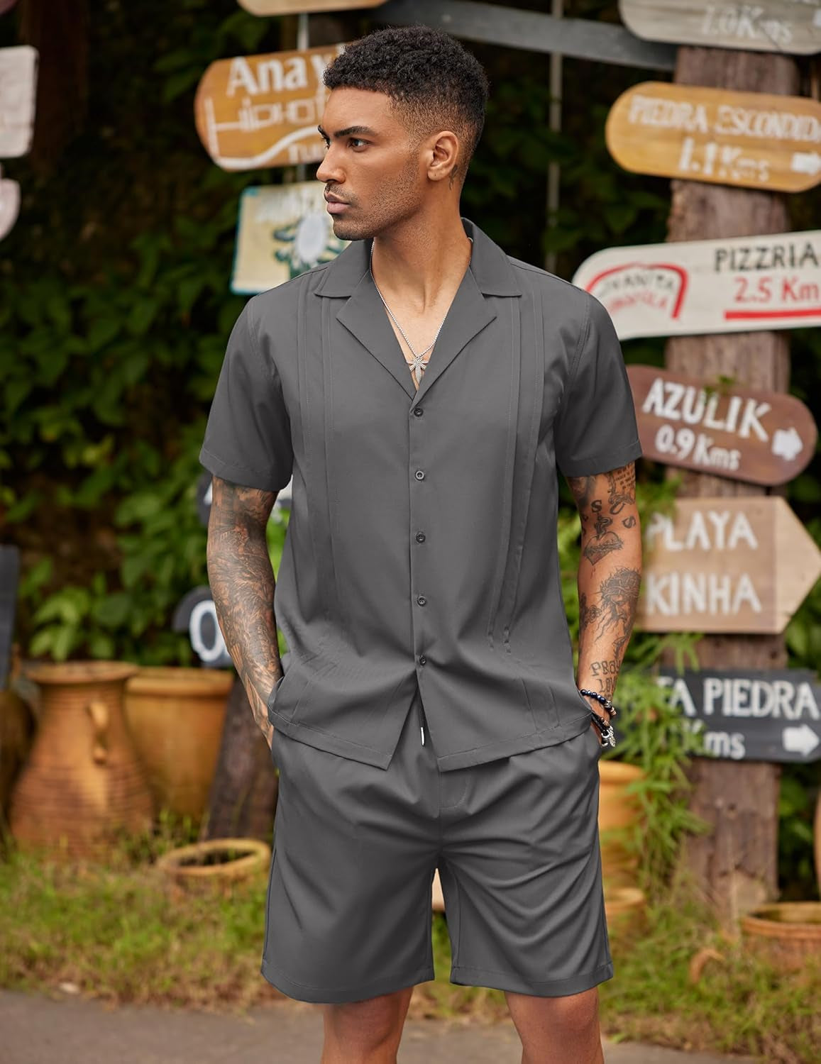 Mens 2 Piece Short Set Guayabera Button down Shirt Casual Summer Beach Outfits