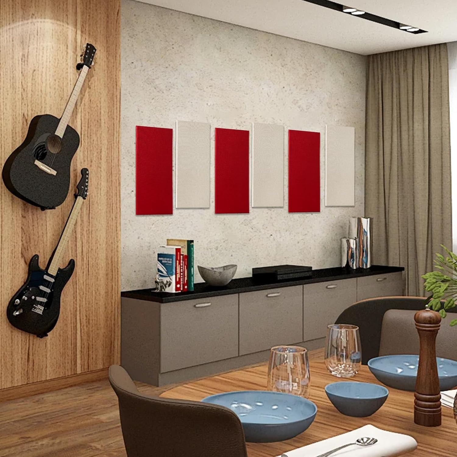 4 PCS Acoustic Panels Sound Absorbing Wall Art, Fabric Acoustic Wall Panels, 23.6"X11.8" Sound Absorbing Panels, Self Adhesive Sound Proof Panel, Noise Dampening Panels Studio Red