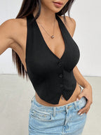PETITE Ladies Solid Color Sleeveless Backless Neck-Hanging Summer Top