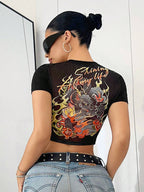 ICON Solid Color Short Sleeve Y2K Back to School Women Black T-Shirt with Chinese Dragon Print