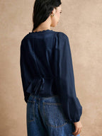 PoéSelle Cotton Elegant Lace Trimmed Waist Button Detail Shirt, Long Sleeve Shirt, Waist Shirt, Lace Top, Lace Shirt, Cotton Shirt, Elegant Waist Detail, for Everyday Work Outing Effortless Chic Essential, FW24, Fall Womenswear