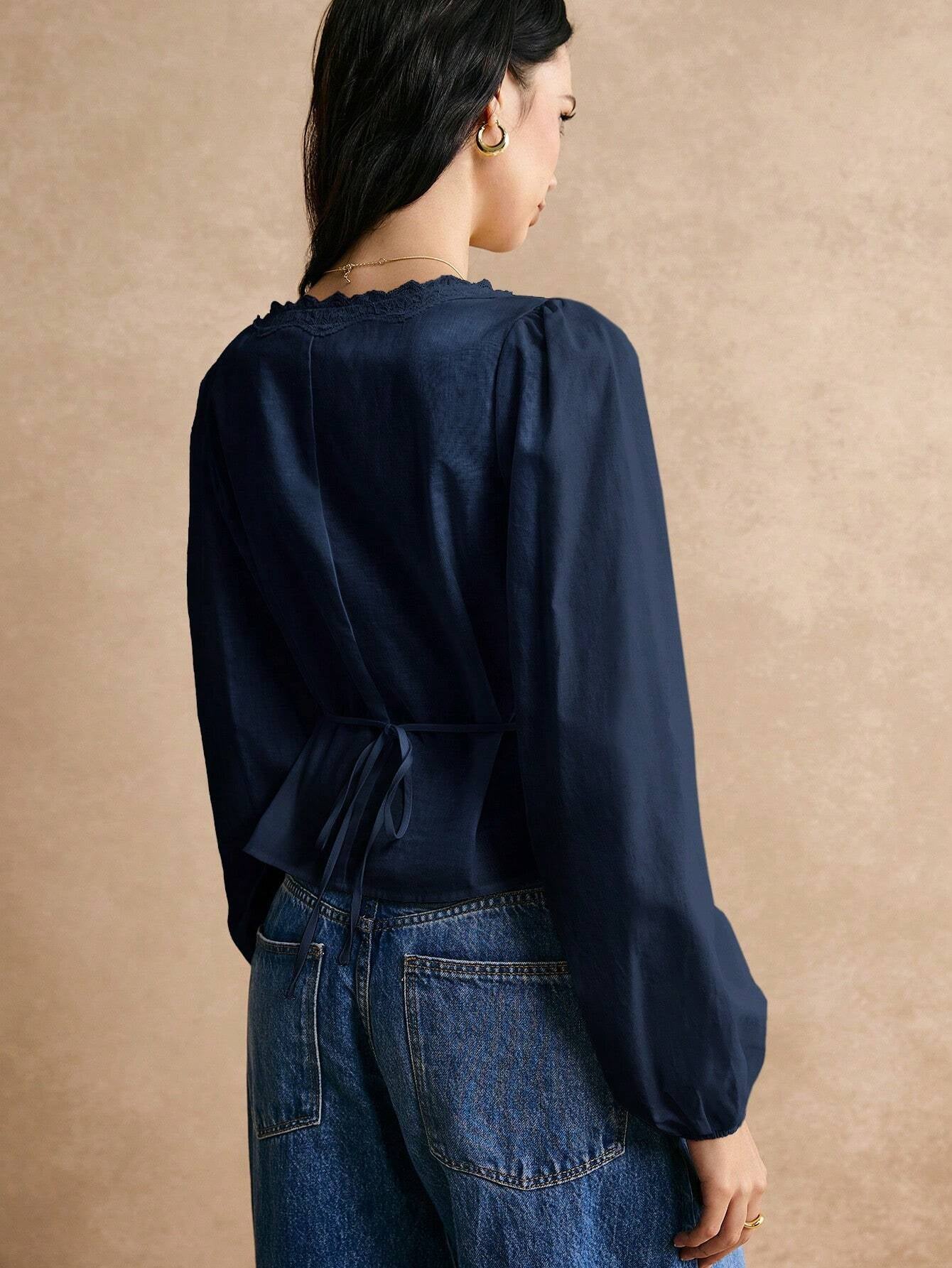 PoéSelle Cotton Elegant Lace Trimmed Waist Button Detail Shirt, Long Sleeve Shirt, Waist Shirt, Lace Top, Lace Shirt, Cotton Shirt, Elegant Waist Detail, for Everyday Work Outing Effortless Chic Essential, FW24, Fall Womenswear