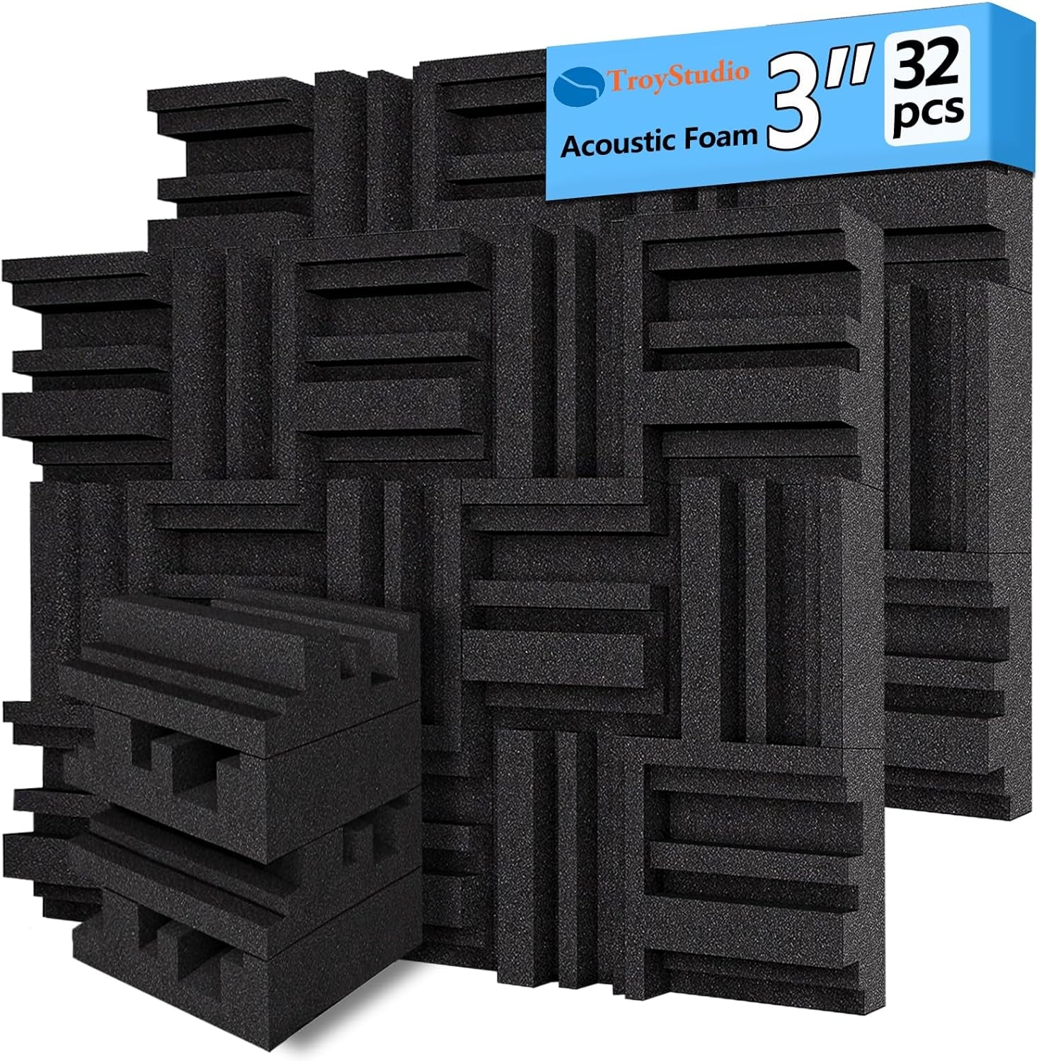 Thickened 12 X 12 X 3 Inch Acoustic Foam Panels in Diffusion Pattern, 32 Pcs High Density Sound Absorbing Foam Diffuser, Soundproof 3D Wall Padding Tiles for Recording Studio Home Office