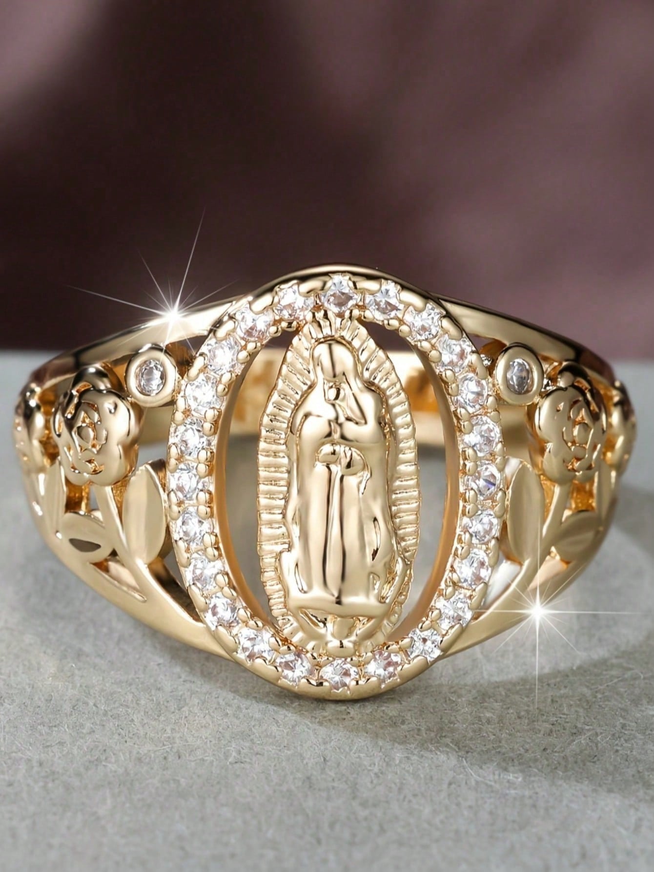 1Pc Exquisite Virgin Mary Inlaid Shiny Cubic Zirconia Ring for Women Hip-Hop Daily Wear Couple Jewelry