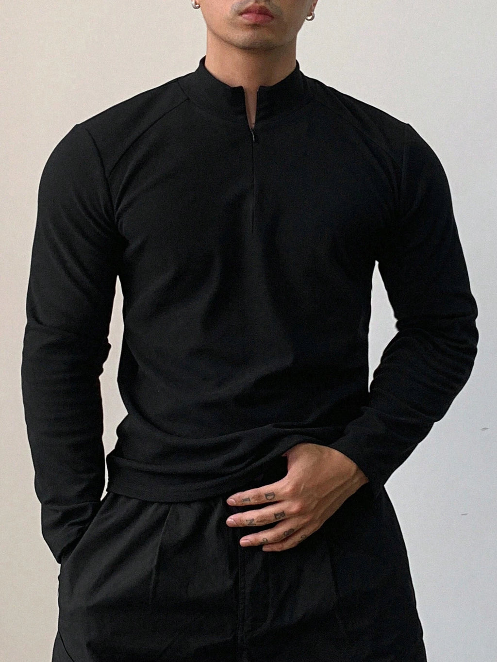 DAZY Men'S Solid Color Stand Collar Zipper Long Sleeve Slim Fit Sports T-Shirt, Autumn, Fall