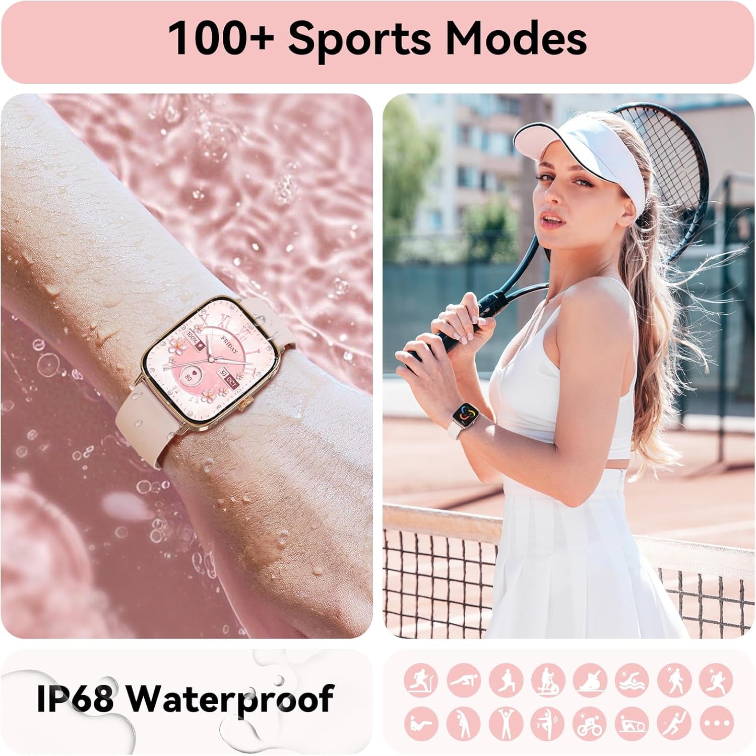 Smart Watch for Women, 1.85" HD Dynamic Dial Smartwatch for Android & Iphone with Answer/Make Call, Fitness Tracker with 110+ Sport Modes, Heart Rate/Spo2/Sleep Monitor, IP68 Waterproof (2 Bands)