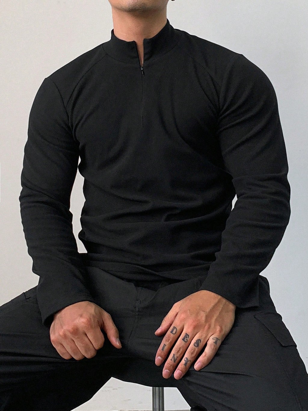 DAZY Men'S Solid Color Stand Collar Zipper Long Sleeve Slim Fit Sports T-Shirt, Autumn, Fall