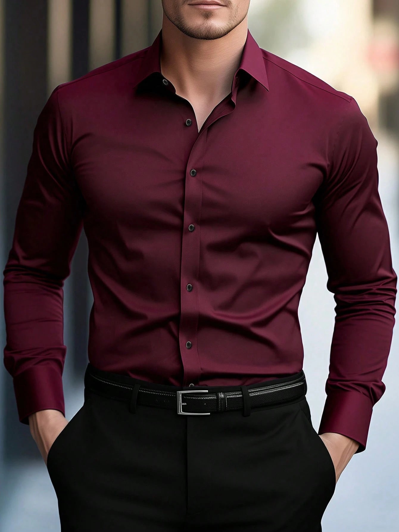 Manfinity Bizformal Men'S Fashion Casual Business Commuting Men'S Stand-Up Collar Solid Color Button Long Sleeve Shirt, Men'S Formal Shirt, Men'S Solid Color Shirt. Suitable for Daily Wear, Commuting to Work, Going Out, Party, Can Be Paired with Suit Pant