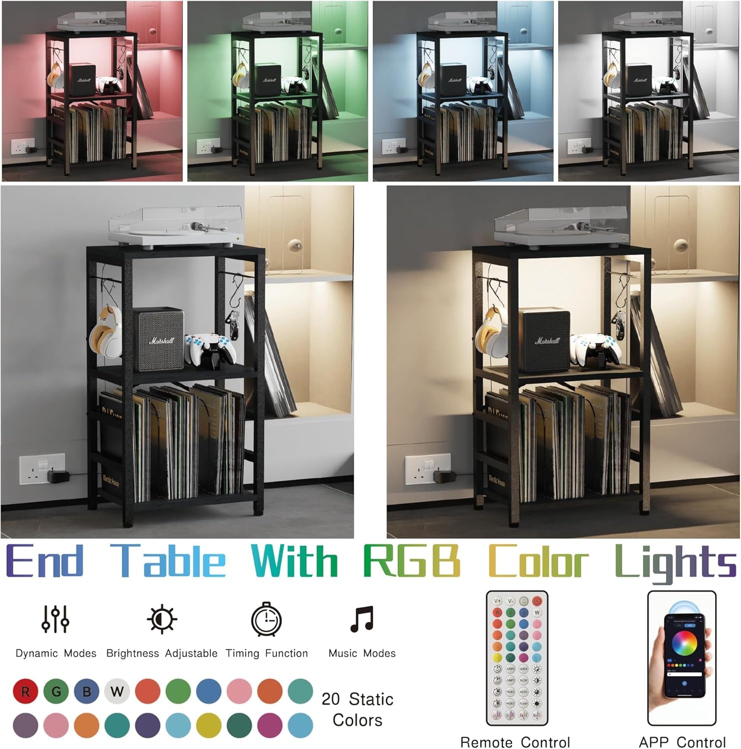 End Table with LED Light,Record Player Stand with Albums Storage,Vinyl Records Storage,Turntable Stand Side Table for Music Room Studio Living Room Bedroom-Modern Black