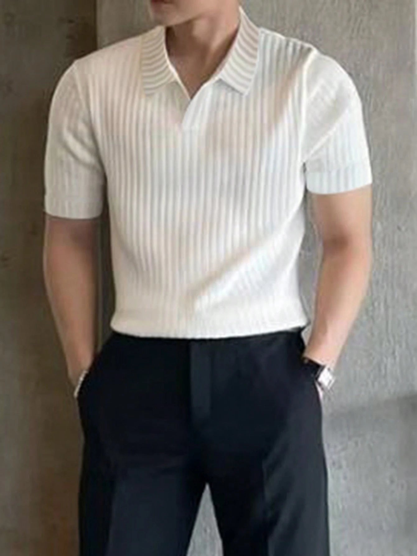 Manfinity Homme Men Ribbed Knit Button Office Plain Casual Polo Shirt, for Husband, Old Money Style