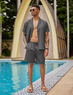 Mens 2 Piece Short Set Guayabera Button down Shirt Casual Summer Beach Outfits
