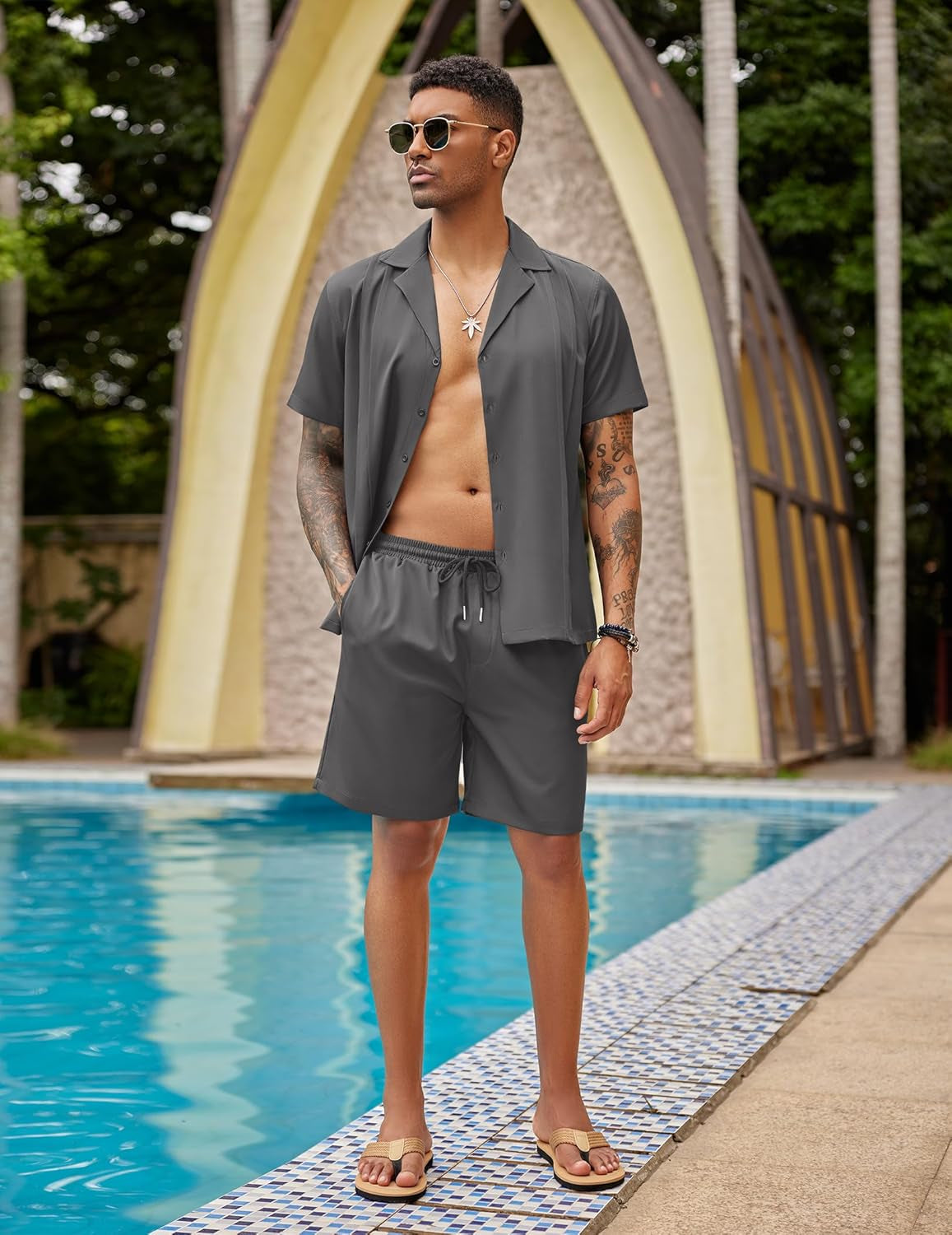 Mens 2 Piece Short Set Guayabera Button down Shirt Casual Summer Beach Outfits