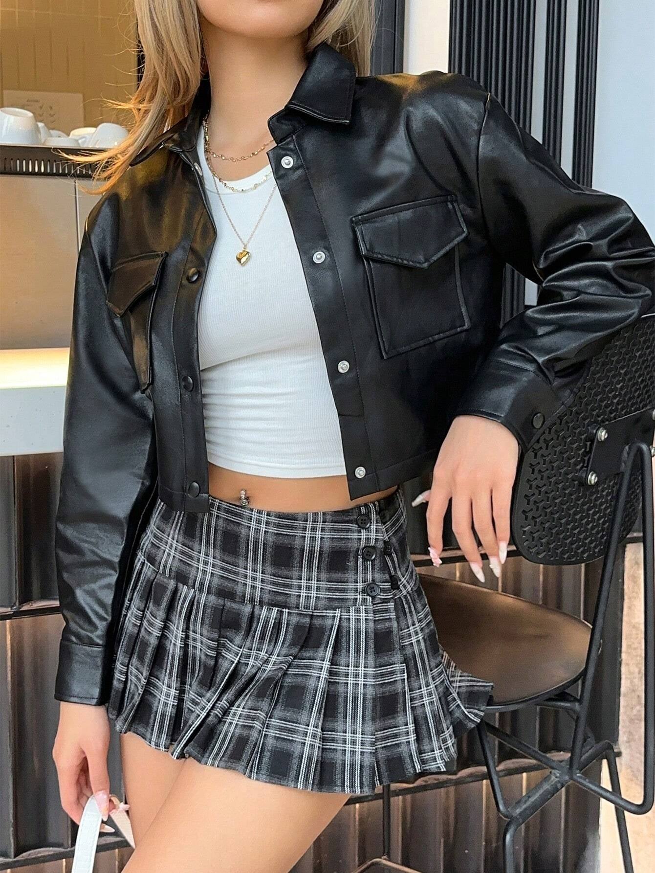 Muchica Button Front Flap Pocket Drop Shoulder PU Jacket in Fall/Winter