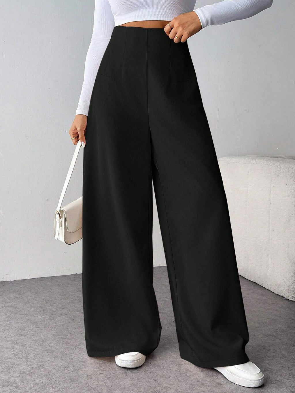 Firerie Women Minimalist Casual Fashion Back-To-School High Waist Textured Wide Leg Pants
