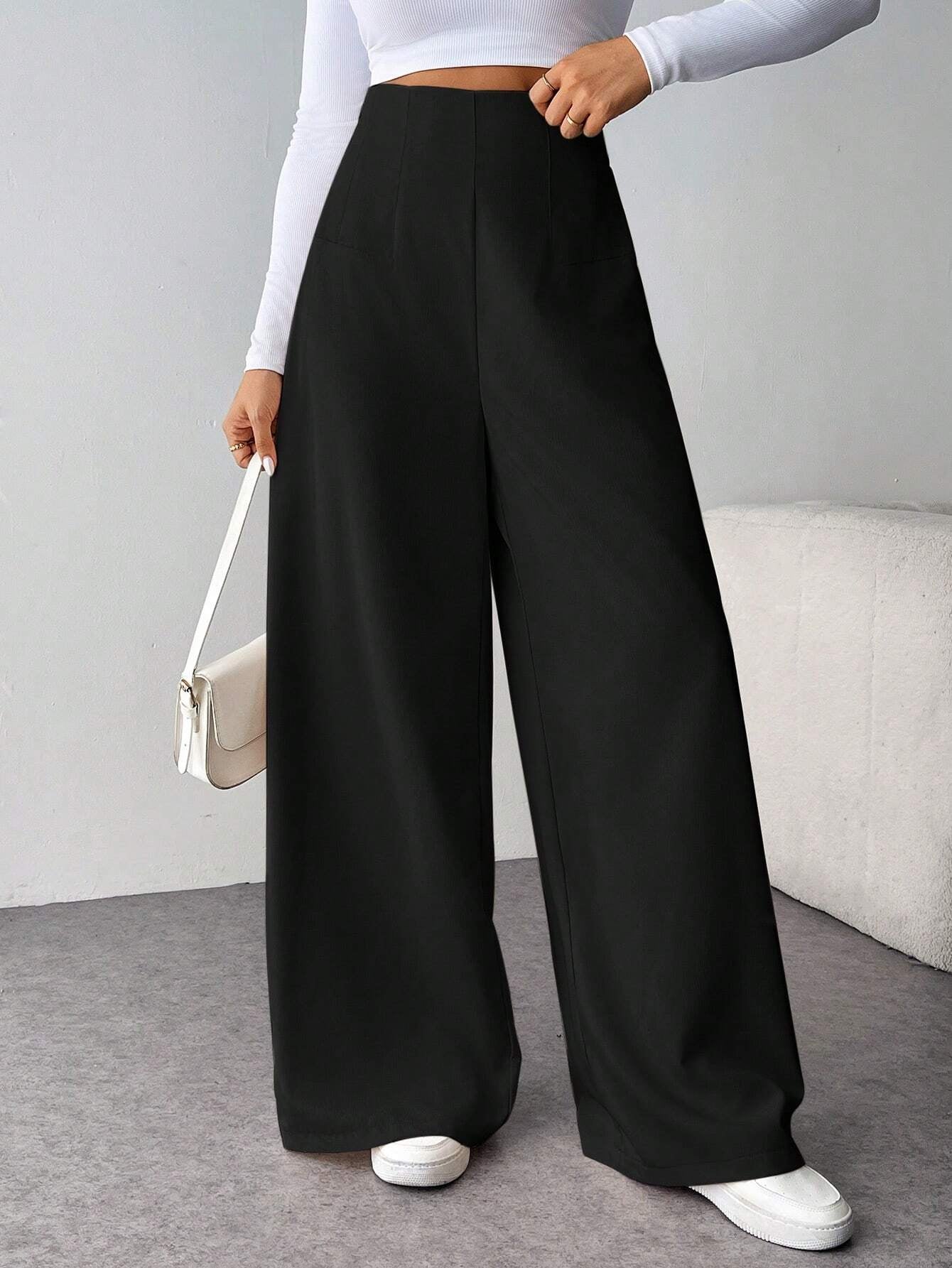 Firerie Women Minimalist Casual Fashion Back-To-School High Waist Textured Wide Leg Pants