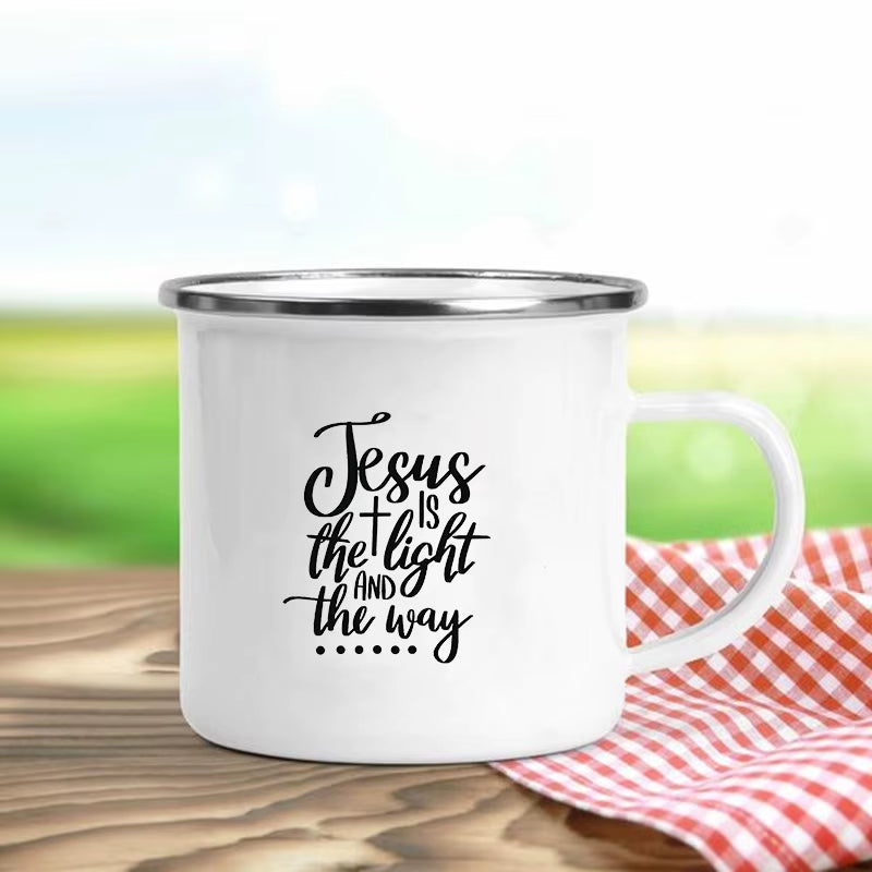 Jesus Is God Print Enamel Mugs Christian Creative Coffee Cups Drink Dessert Breakfast Milk Cup Vintage Mug Handle Drinkware Gift