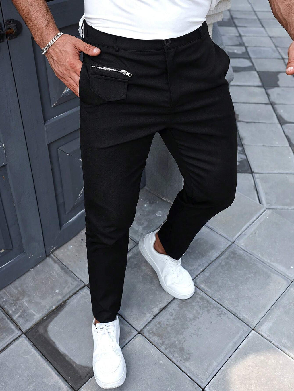 Manfinity Homme Men'S Casual Solid Color Tapered Suit Pants