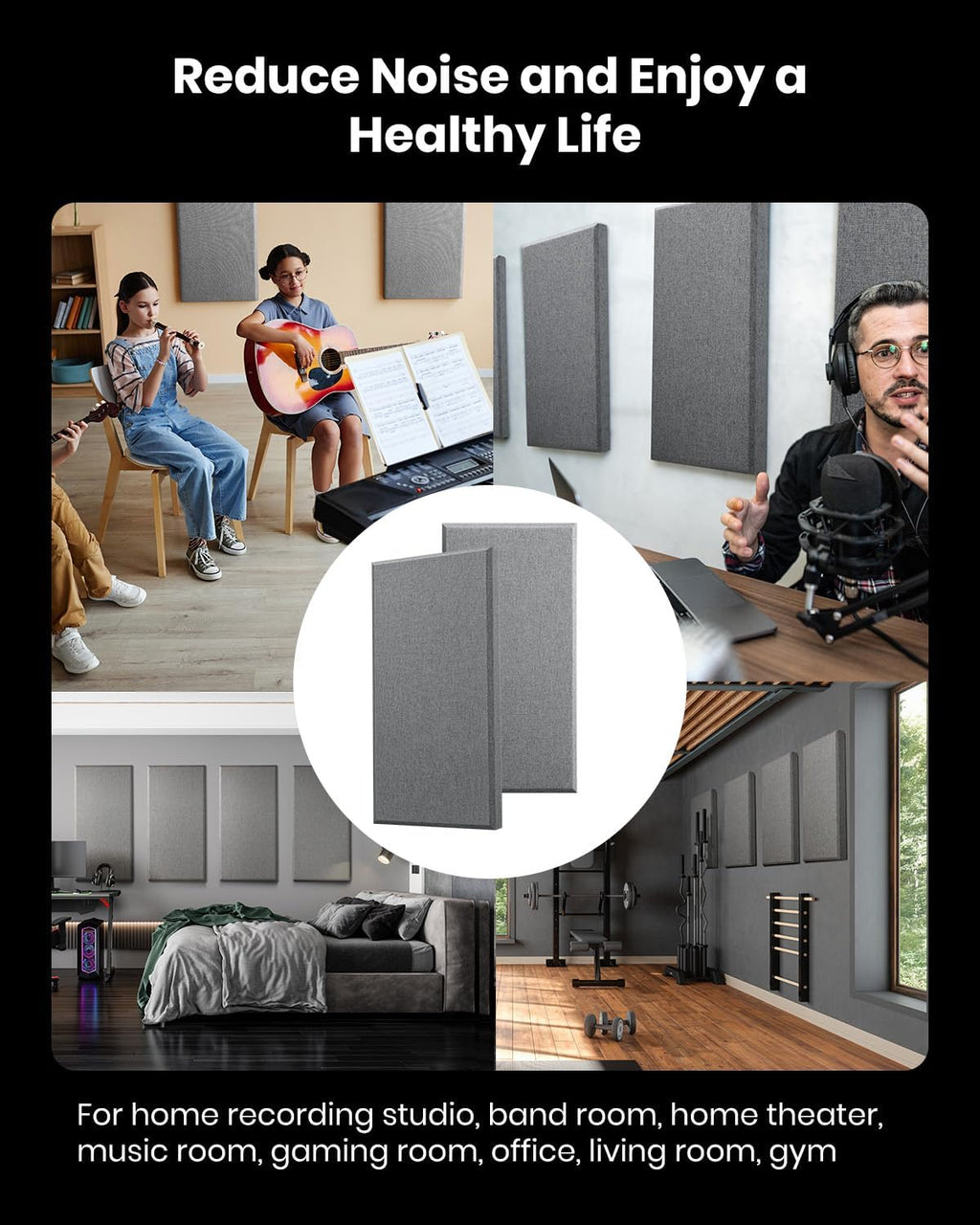 Acoustic Panels 4 PCS, 2.4“ Thick Fiberglass Soundproof Wall Panels 24''X12'', Self-Adhesive Sound Absorbing Panels for Studios, Office, Home Theater (Gray)