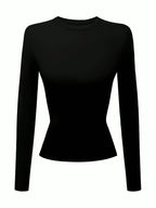 INAWLY Women'S Solid Black Crew Neck Long Sleeve Simple T-Shirt, Casual Everyday Wear Fall Cloth for Women