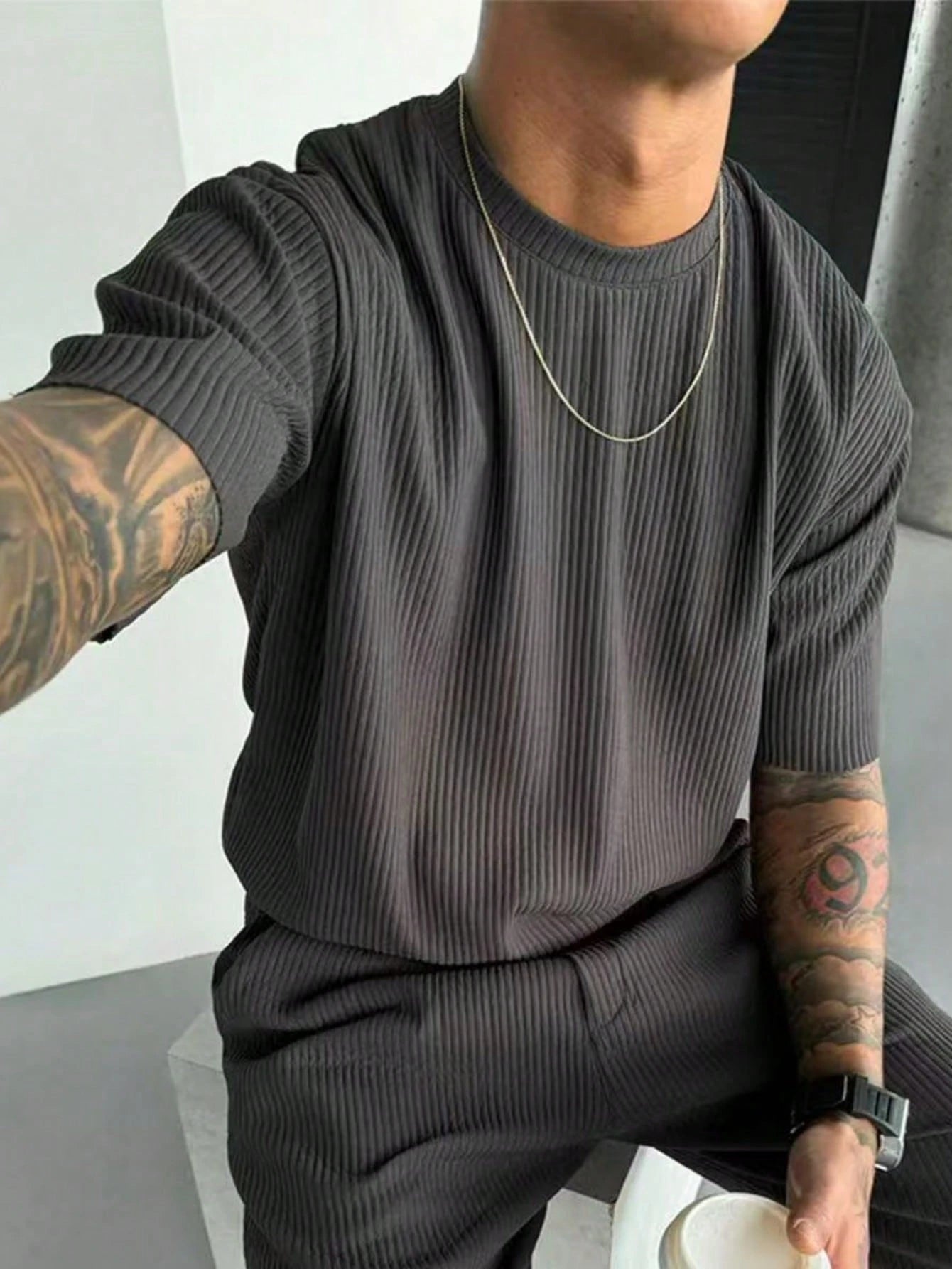 Men'S Summer Texture Solid Color Casual round Neck Short Sleeve T-Shirt