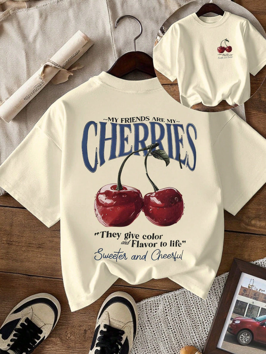 My Best Friend Is My Cherry Design Fruit Print round Neck T-Shirt for Women