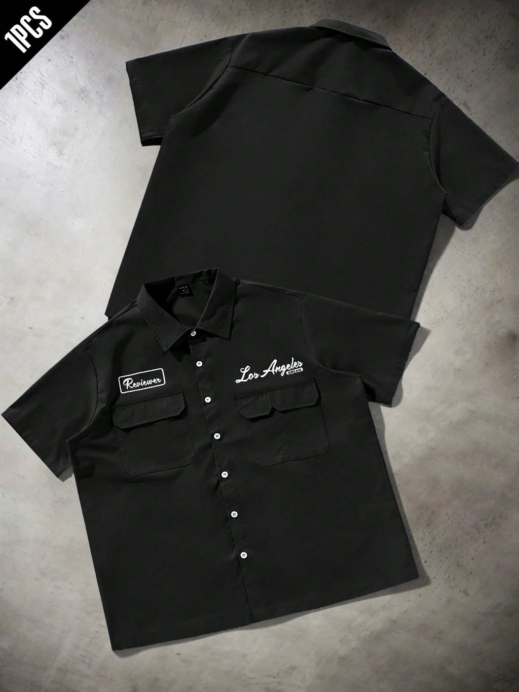 PAVTROS Manfinity Streetrush Manfinity Streetrush Men'S Loose Fit Utility Pocket Design Casual Shirt, Blue Button-Up Short Sleeve Shirt, Multi Pocket Casual Shirt, Graphic Los Angeles Reviewer Mechanic Shirt