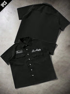 PAVTROS Manfinity Streetrush Manfinity Streetrush Men'S Loose Fit Utility Pocket Design Casual Shirt, Blue Button-Up Short Sleeve Shirt, Multi Pocket Casual Shirt, Graphic Los Angeles Reviewer Mechanic Shirt