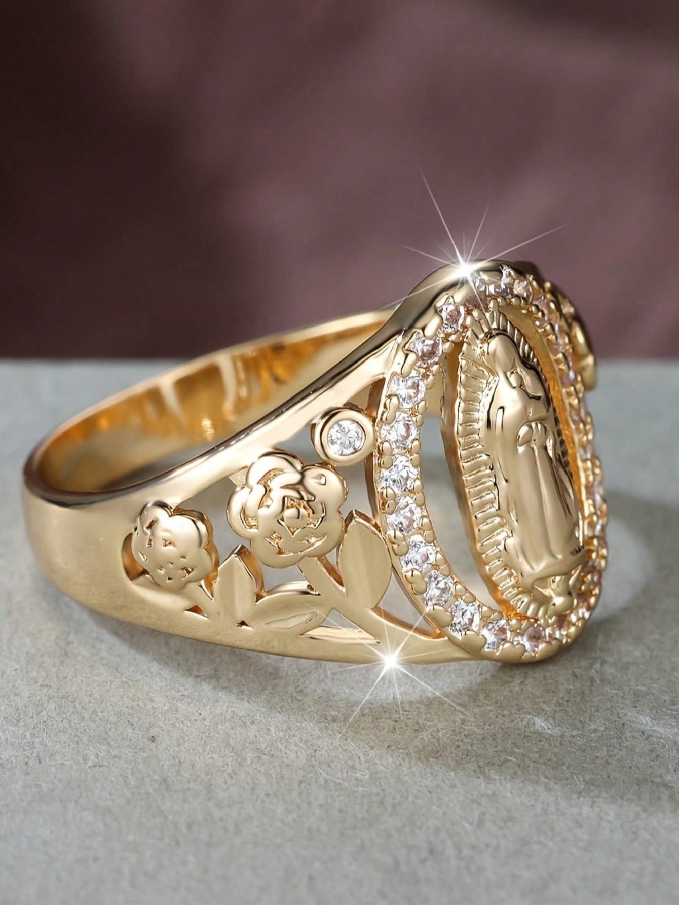 1Pc Exquisite Virgin Mary Inlaid Shiny Cubic Zirconia Ring for Women Hip-Hop Daily Wear Couple Jewelry